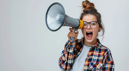 A young woman with red hair and glasses shouting into an orange megaphone on a white background