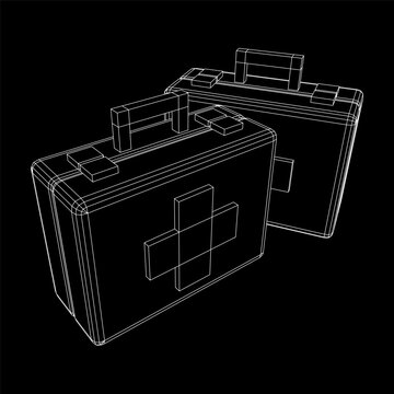 Suitcase of medical aid. Med kit symbol of emergency assistance with cross first aid equipment and treatment. Wireframe low poly mesh vector illustration