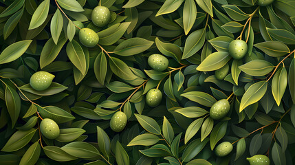 Artistic painting of green olives on tree with lush green leaves
