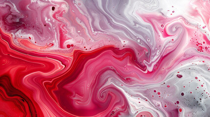 Abstract fluid art background with red and pink marble swirls. Abstract texture of resin pour painting with red, purple
