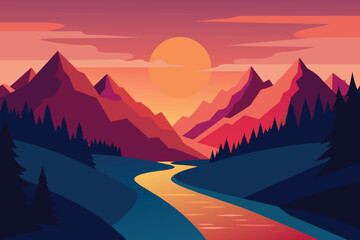Tranquil mountain river at sunset vector design