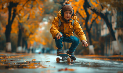 A young boy wearing headset speeding on his skateboard on the street