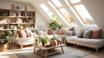 A cozy Scandinavian-style living room with natural light flooding in from large windows, featuring a soft, neutral color palette of whites and grays, a plush sofa with throw pillows,.