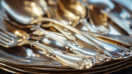 A set of tarnished heirloom silverware brought back to its gleaming shine through a meticulous cleaning and polishing process.
