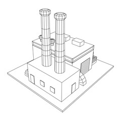 Industrial factory. Plant or Factory Building. Manufacturing building. Wireframe low poly mesh vector illustration.