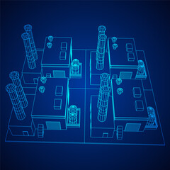 Industrial factory. Plant or Factory Building. Manufacturing building. Wireframe low poly mesh vector illustration.