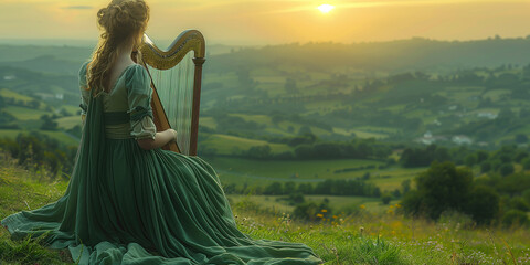 Emerald Isle concept. Portrait of beautiful red-haired young woman playing musical instrument - Celtic harp - on the hill of Ireland. Golden hour. Rustic style. Text space. Outdoor shot