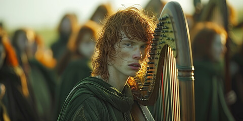 Emerald Isle concept. Close up portrait of handsome red-haired young man posing with musical...
