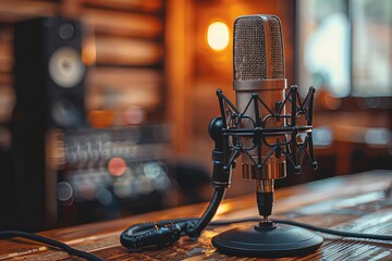 A professional-looking microphone sits on a wooden table. The microphone is black and silver and has a large diaphragm. The background is a blurred image of a recording studio. - obrazy, fototapety, plakaty