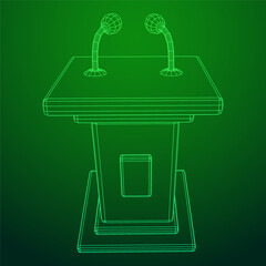 Speaker Podium Rostrum. Tribune Stand with Microphones. Debate, press conference concept. Wireframe low poly mesh vector illustration