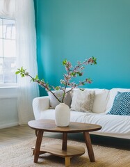 vase with blossom twig on wooden coffee table near white sofa with pillows against window. minimalist scandinavian home interior design of modern living room