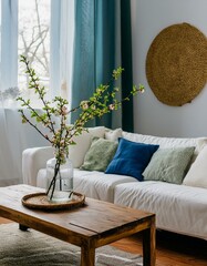 vase with blossom twig on wooden coffee table near white sofa with pillows against window. minimalist scandinavian home interior design of modern living room