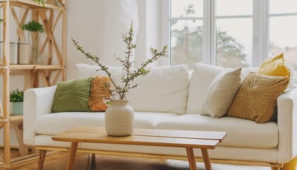 vase with blossom twig on wooden coffee table near white sofa with pillows against window. minimalist scandinavian home interior design of modern living room