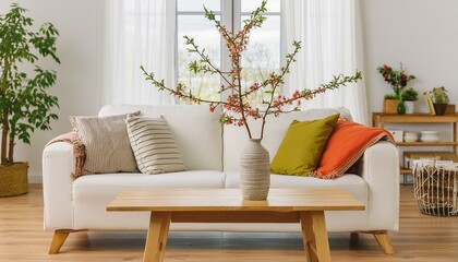vase with blossom twig on wooden coffee table near white sofa with pillows against window. minimalist scandinavian home interior design of modern living room