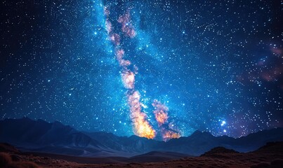 The Milky Way stretches across the sky above a mountain range. The stars are bright and colorful,...
