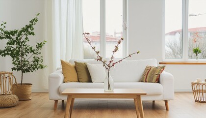 vase with blossom twig on wooden coffee table near white sofa with pillows against window. minimalist scandinavian home interior design of modern living room
