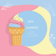 A vibrant summer scene featuring an ice cream cone against a colorful background with the text 'Hello summer'.