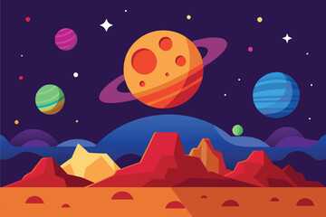 Space at another planet background in flat cartoon design. Cosmos fantasy poster with stars sky, different planets and celestial bodies, rocks desert at cosmic surface vector