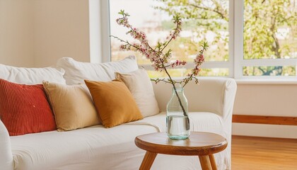 vase with blossom twig on wooden coffee table near white sofa with pillows against window. minimalist scandinavian home interior design of modern living room