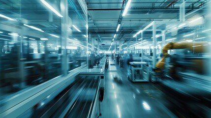 Obraz premium Motion blur of robotics assembly line, anonymous machinery and workers