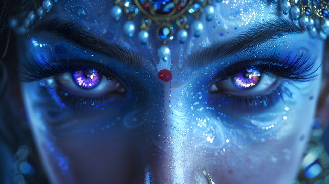 Close-up of a girl's look with dark blue Mahakali makeup. Face of Goddess Kali Maa Eyes of Goddess Durga