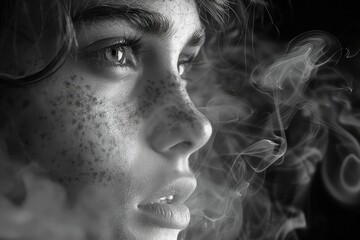 A young woman with freckles on her face is smoking. She is looking to the right of the frame. The smoke is curling around her face. The image is in black and white.