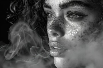 Enhance the details of this black and white portrait of a woman with curly hair, freckles, and a pensive expression