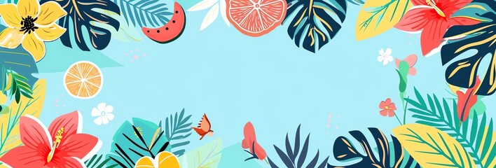 Develop a banner design filled with vibrant summer motifs from end to end Incorporate an empty space in the middle for customizable elements Emphasize a sleek and modern aesthetic