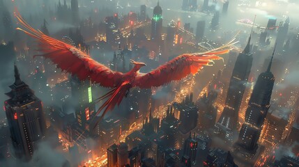 Bring to life a majestic Phoenix half-machine soaring over a futuristic cityscape, illuminated by neon lights & holographic projectionsCrafted in CG 3D rendering