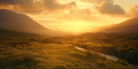 Emerald Isle concept. Traditional view to the Irish fields. Retro, vintage style. Golden hour....