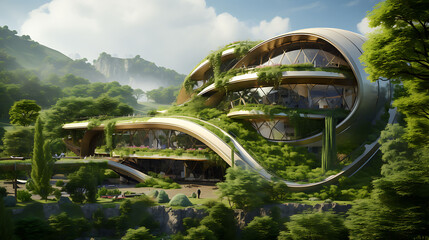 A futuristic eco-friendly building covered in greenery.