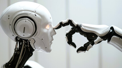 A robot's hand touching another humanoid's face, depicting the existence of internal feeling, emotion, deep passion, understanding and love within the advancement of artificial intelligence technology