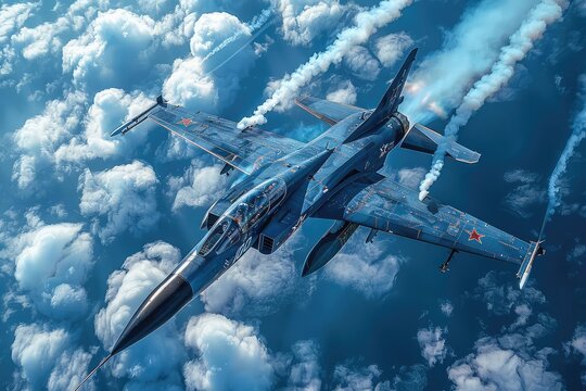 A Sukhoi Su-35 fighter jet soars through the sky, its blue paint gleaming in the sunlight