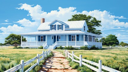 A beautiful digital painting of a small, blue farmhouse with white picket fence surrounded by a lush green field under a big blue sky with white clouds.