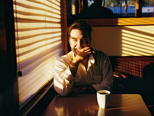 Happy, friendly businessman in casual clothing is enjoying a morning coffee at a diner. The early day sun streams through the blinds.