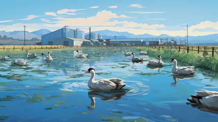 A beautiful digital painting of a large pond on a farm