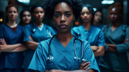 portrait of african american female doctor standing in front with her team behind, serious look, arms crossed and looking at camera, group shot, wearing blue scrubs uniform - Powered by Adobe