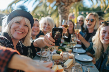 Wide shot of a group selfie with friends at an outdoor dining table. They are holding up their phone to take the photo. - obrazy, fototapety, plakaty