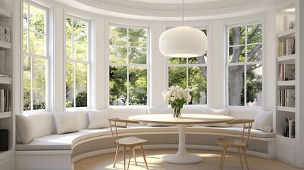 A bright and airy breakfast nook with a built-in window seat, round table, and pendant lighting