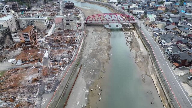 Aerial view of a town destroyed by fire caused by an earthquake that occurred on the Noto Peninsula, Ishikawa Prefecture, Japan on January 1, 2024 part10