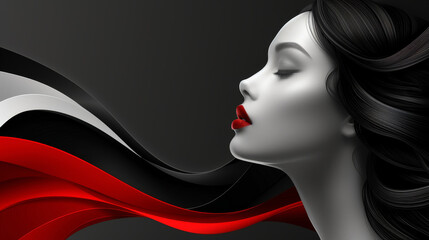 Stylish monochrome portrait of a woman with flowing red elements