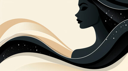 Silhouette of a woman against a cosmic black and beige wave pattern