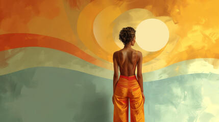Woman in vibrant orange pants looking at a surreal sunset