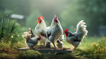 A beautiful barnyard scene with a rooster and hens in the morning light - obrazy, fototapety, plakaty
