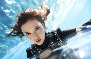 Amidst surreal underwater scene, Asian office worker girl gazes confidently at camera, surrounded by swirling air bubbles, blending realms of office life with abstract aquatic world.