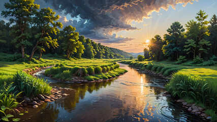Sundown Reflections Serene River Journey Through Green Canopies and Cloudy Skies