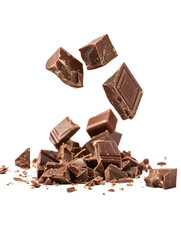low density chocolate chunks Levitating, isolated on white background