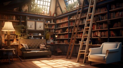 A charming home library with floor-to-ceiling bookshelves, a cozy reading chair, and a ladder