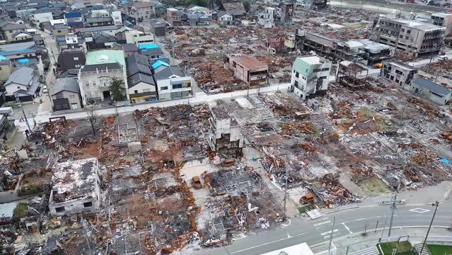 Aerial view of a town destroyed by fire caused by an earthquake that occurred on the Noto Peninsula, Ishikawa Prefecture, Japan on January 1, 2024 part9