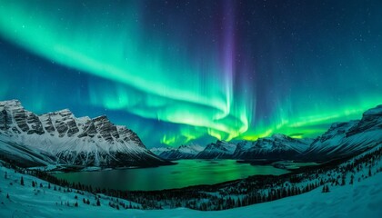 Nature's Majestic Spectacle: Northern Lights Blaze over Snowy Mountains 